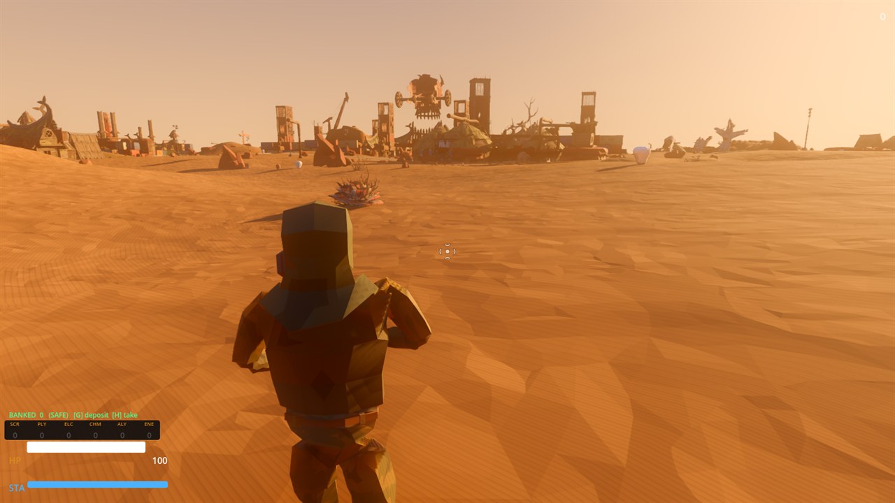 A lone raider crossing the dunes toward a salvage settlement on the horizon
