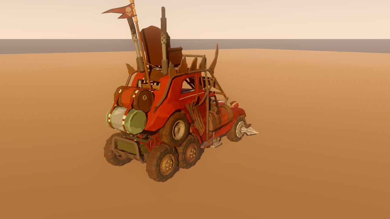 A jerry-rigged wasteland buggy kitted with twin turrets, spiked armor, and a Bloodrust paint job, parked in the golden-hour desert
