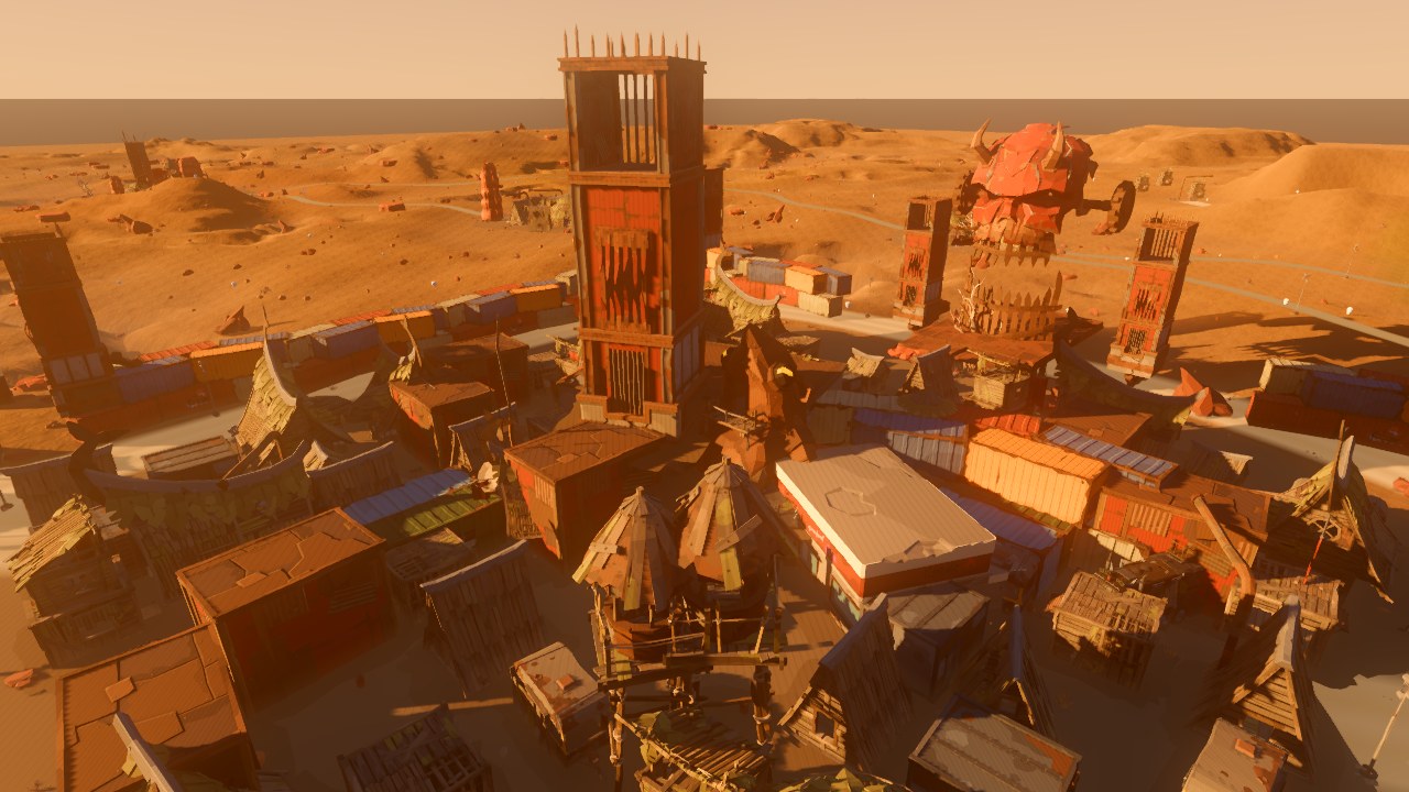A wasteland salvage settlement of shipping containers and scaffold towers in warm light